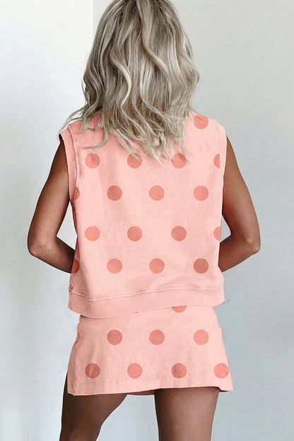 Sky Blue Ribbed Trim Polka Dot Print Tank Split Mini Skort 2pcs Set