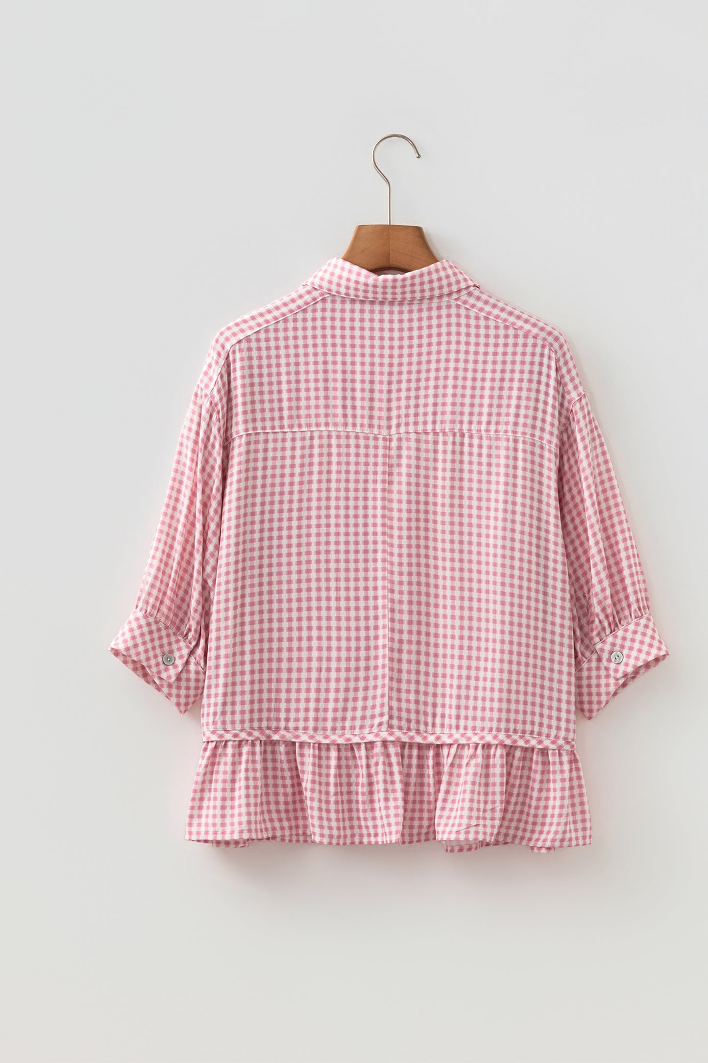 Pink Plaid Half Sleeve Ruffle Hem Button Down Shirt