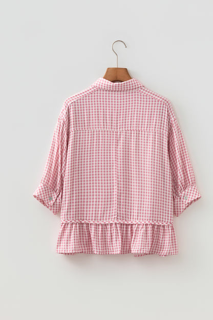 Pink Plaid Half Sleeve Ruffle Hem Button Down Shirt