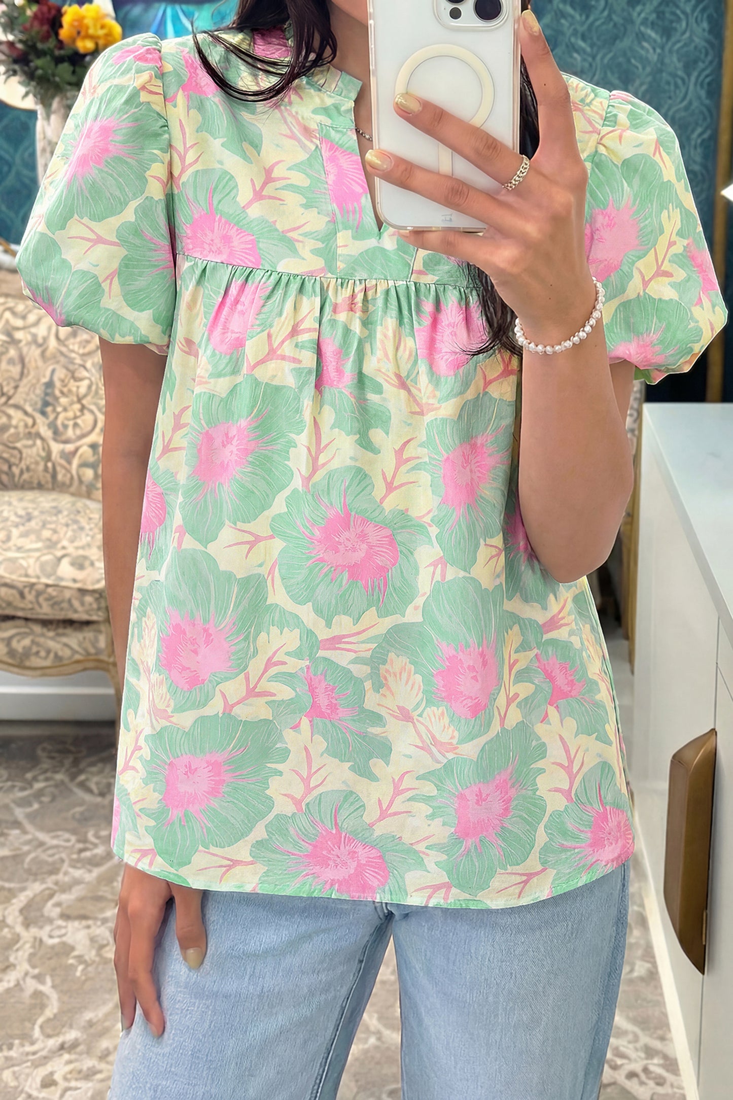 Pink Short Bubble Sleeve Summer Floral Blouse