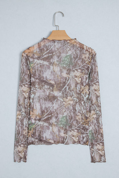 Camel Leopard Print Slim Fit Mesh Long Sleeve Mock Neck Top