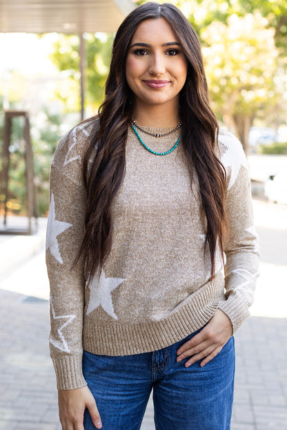 Gray Star Pattern Drop Shoulder Sweater