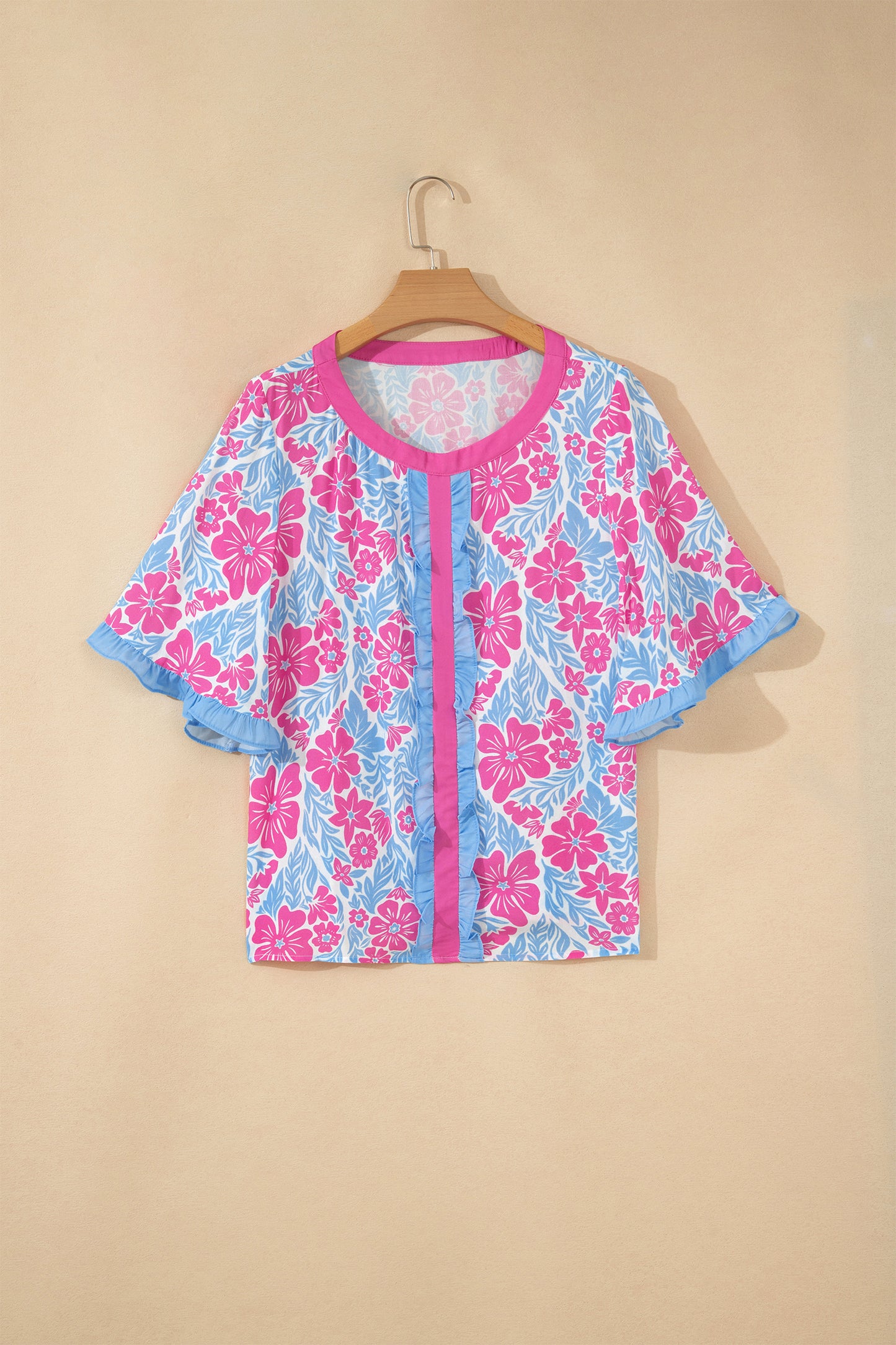 Purple Floral Print Ruffled Color Block Trim Half Sleeve Blouse