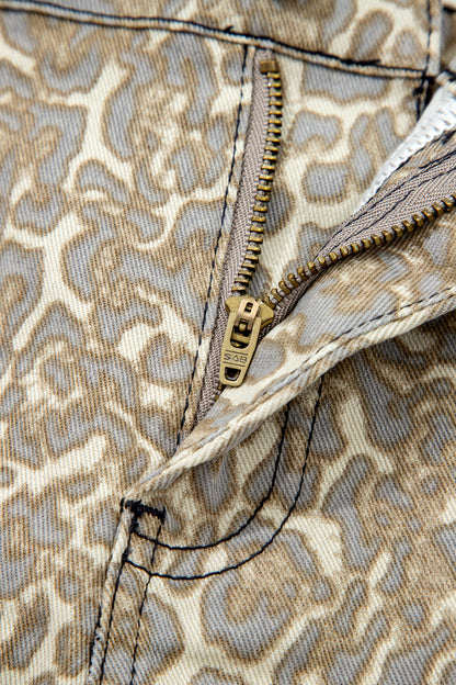 Khaki Raw Edge Leopard Print Denim Shorts