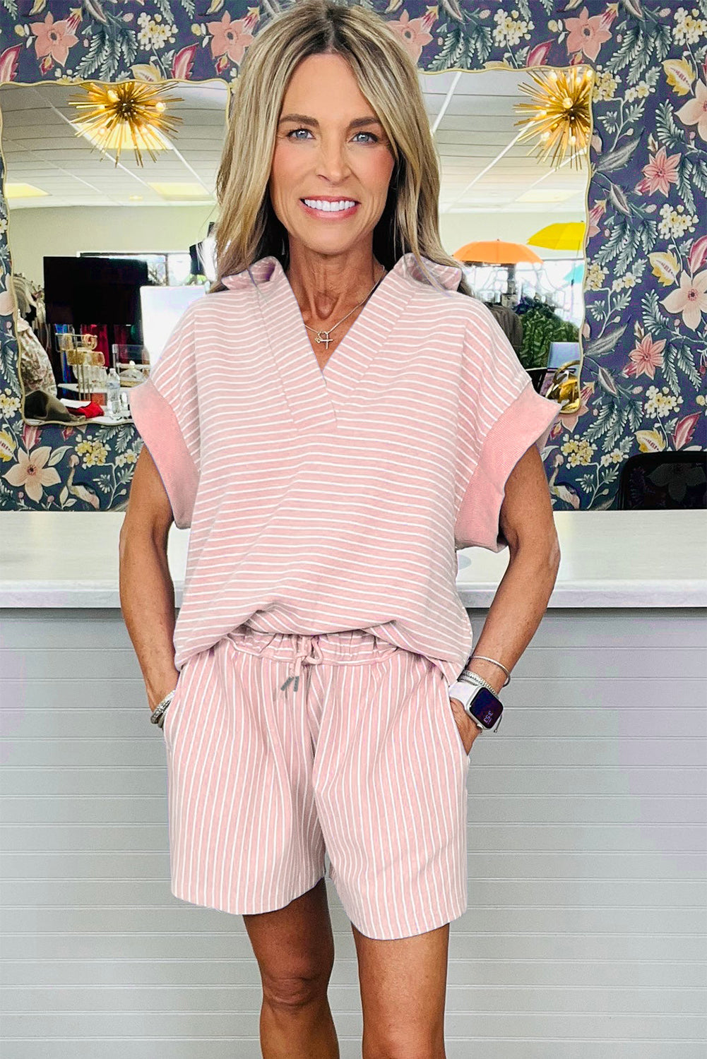 Khaki Stripe Dolman Sleeve Polo Shirt and Drawstring Shorts Set