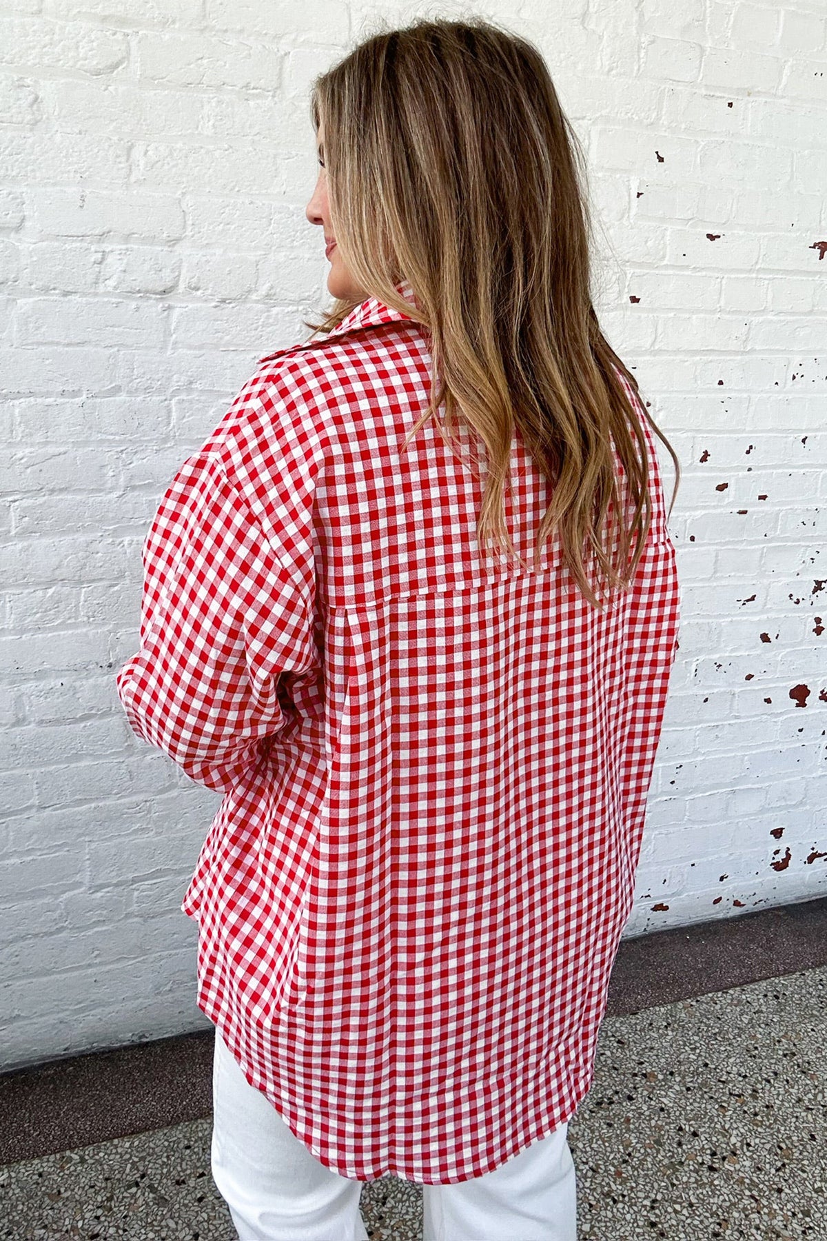 Red Plaid V Neck Long Sleeve Tunic Loose Fit Plus Size Shirt