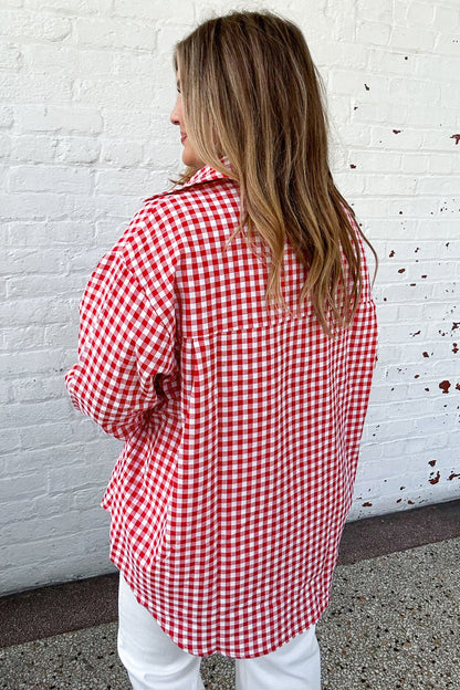 Red Plaid V Neck Long Sleeve Tunic Loose Fit Plus Size Shirt
