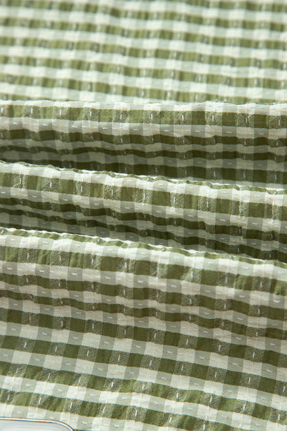 Green Plaid Short Sleeve Colorblock Trim Split Neck Blouse