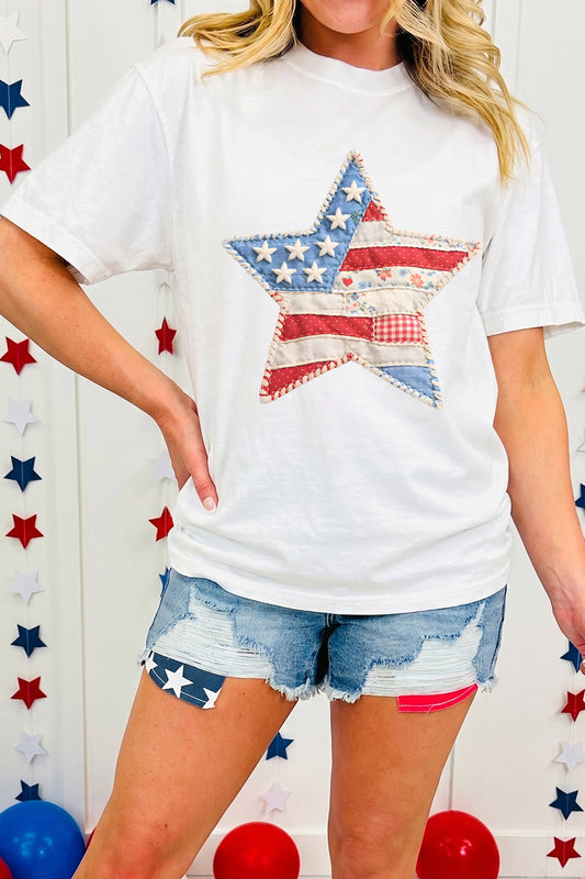 White Faux Patchwork Star Printed Patriotic Graphic Tee