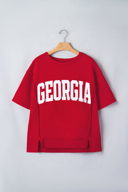 Racing Red GEORGIA Letter Printed Raw Seam Drop Shoulder Loose Tee