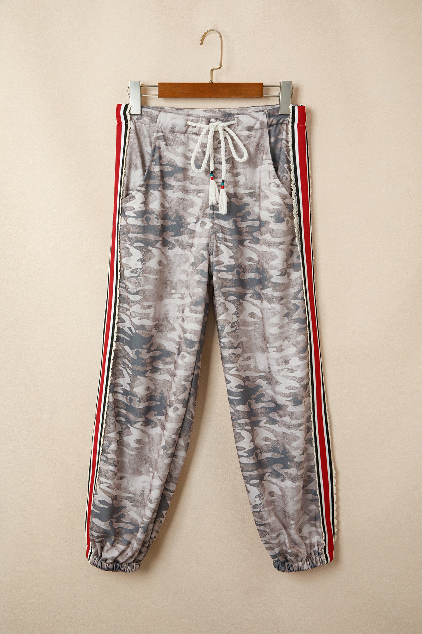 Khaki Camouflage Print Striped Side Panel Patchwork Drawstring Pants