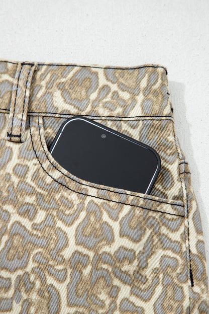 Khaki Raw Edge Leopard Print Denim Shorts