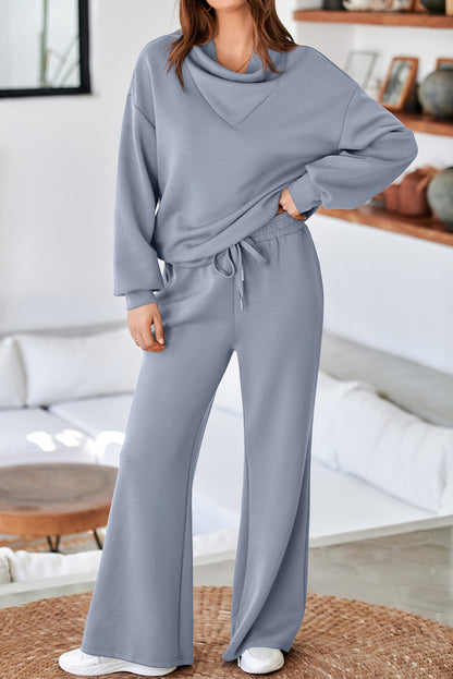 Navy Blue Solid Color Cowl Neck Drawstring Pullover Wide Leg Athleisure Pants Set
