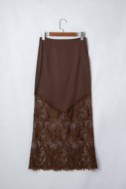 Dark Brown Lace Patchwork Hem Long Casual Shift Skirt