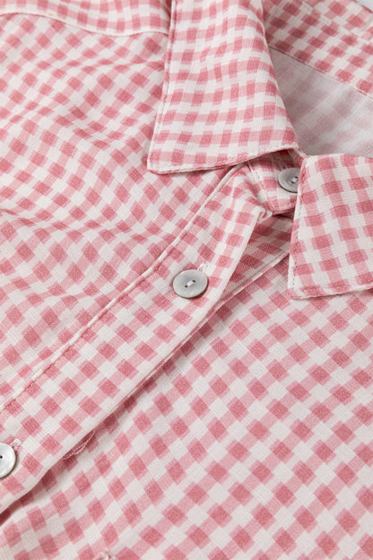 Pink Plaid Half Sleeve Ruffle Hem Button Down Shirt