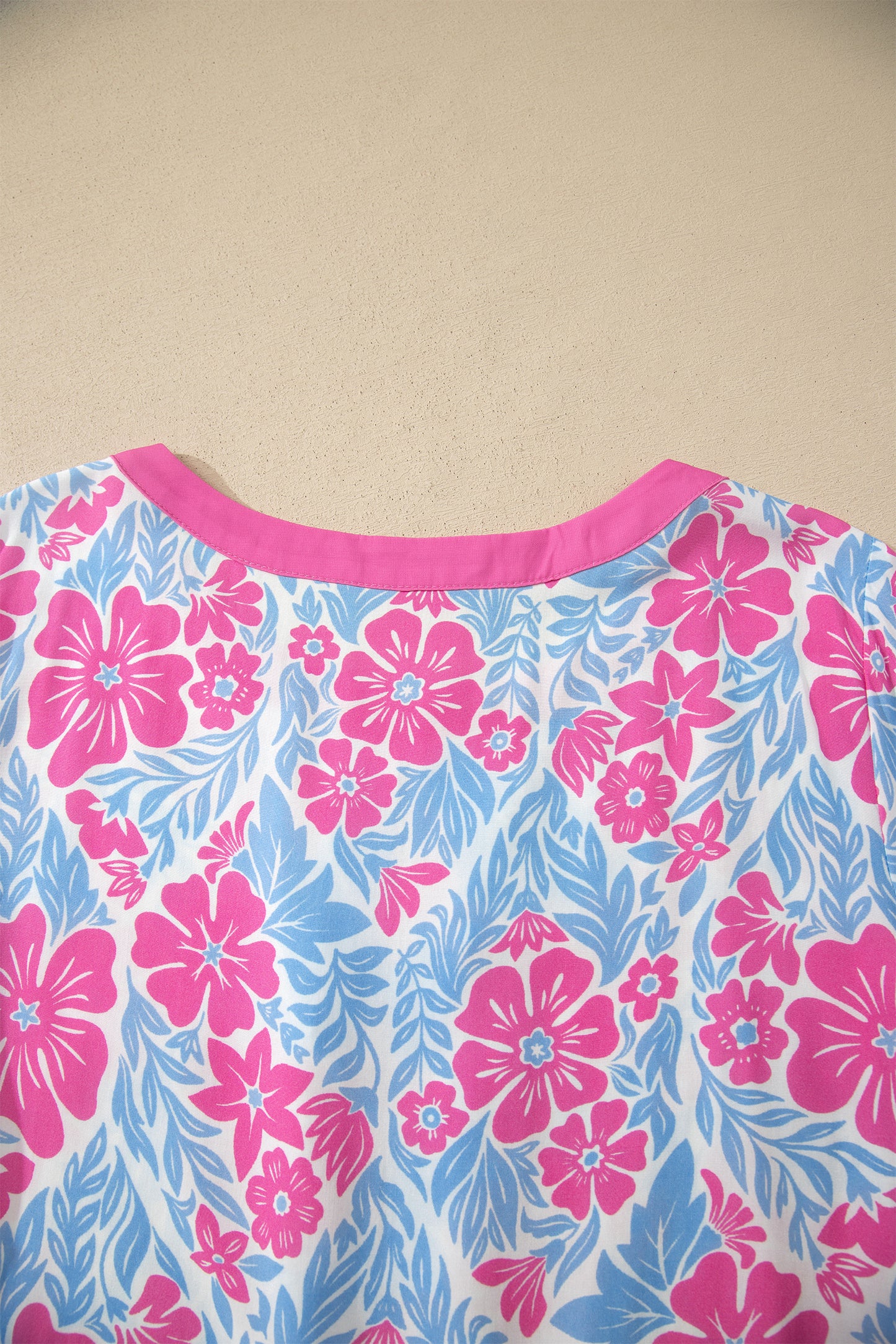 Purple Floral Print Ruffled Color Block Trim Half Sleeve Blouse