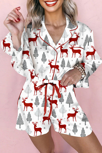 Green Christmas Fashion Print Velvet Trim Bow Knot Pajama 2pcs Short Set
