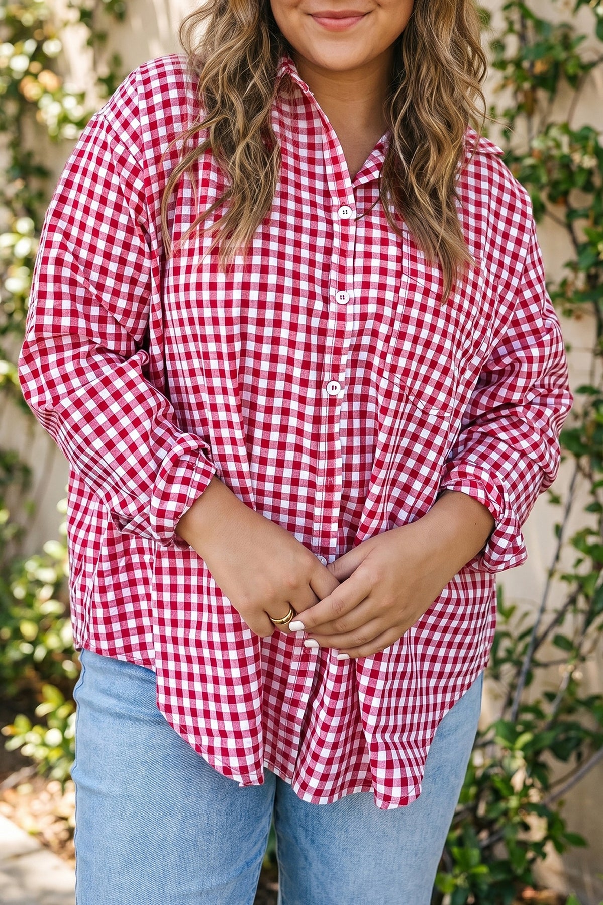 Red Plaid V Neck Long Sleeve Tunic Loose Fit Plus Size Shirt