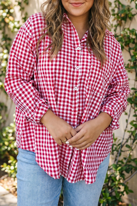 Red Plaid V Neck Long Sleeve Tunic Loose Fit Plus Size Shirt