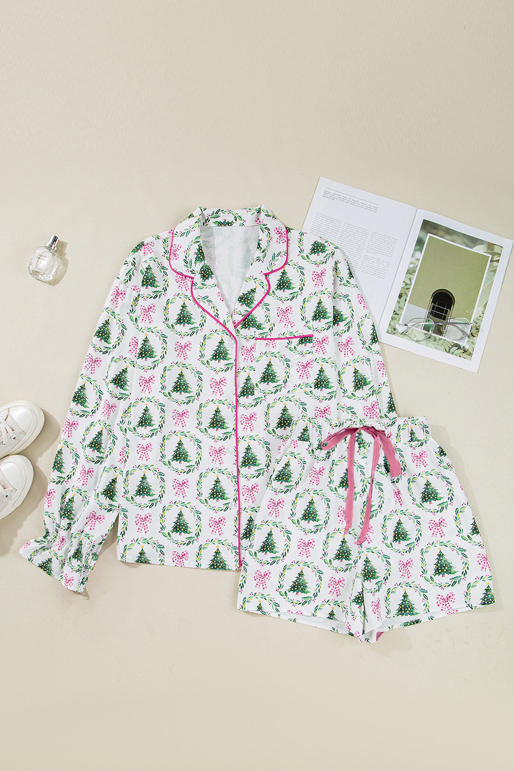 Green Christmas Fashion Print Velvet Trim Bow Knot Pajama 2pcs Short Set