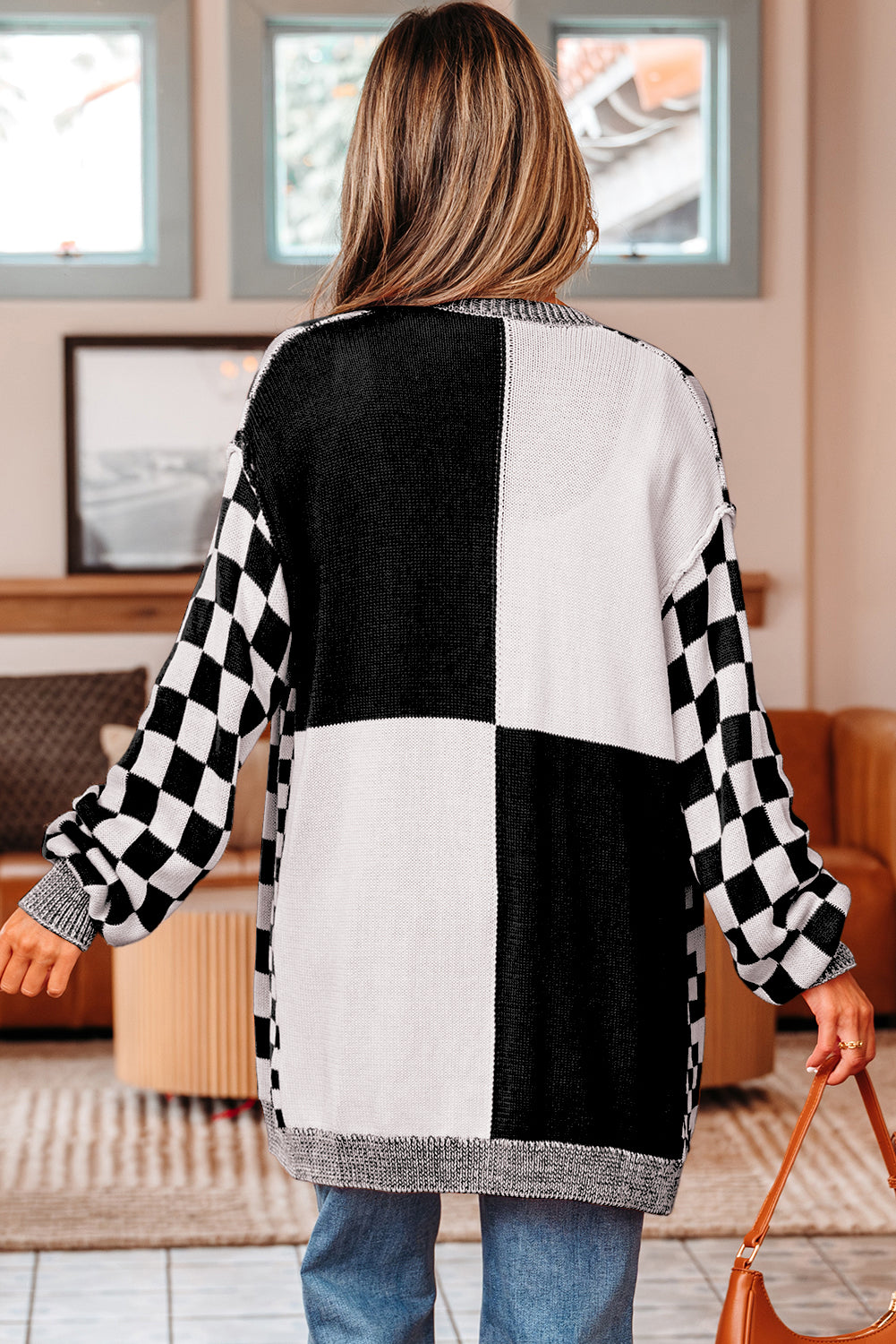 Brown Checkered Open Front Drop Shoulder Cardigan