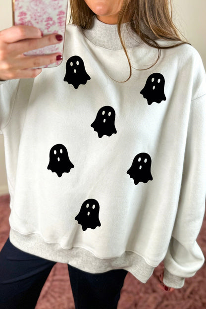 Light Grey Halloween Boo Slogan Ghost Print Reversible Mock Neck  Sweatshirt