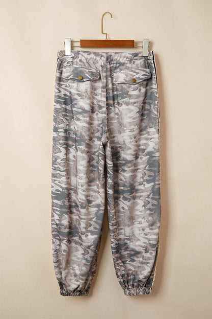 Khaki Camouflage Print Striped Side Panel Patchwork Drawstring Pants