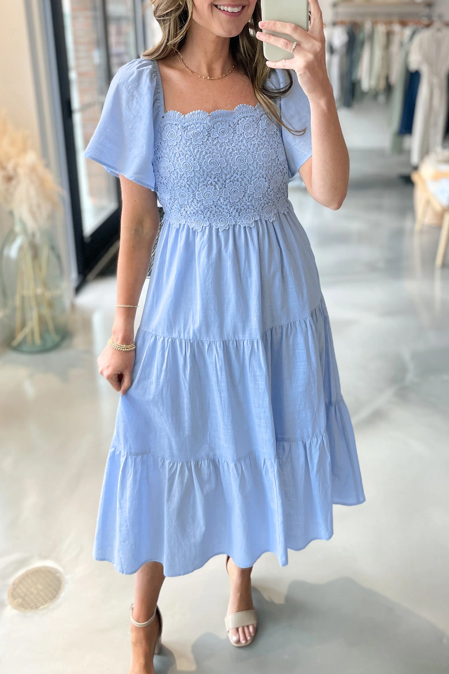 Beau Blue Flowy Short Sleeve Lace Detail Square Neck Tiered Midi Dress