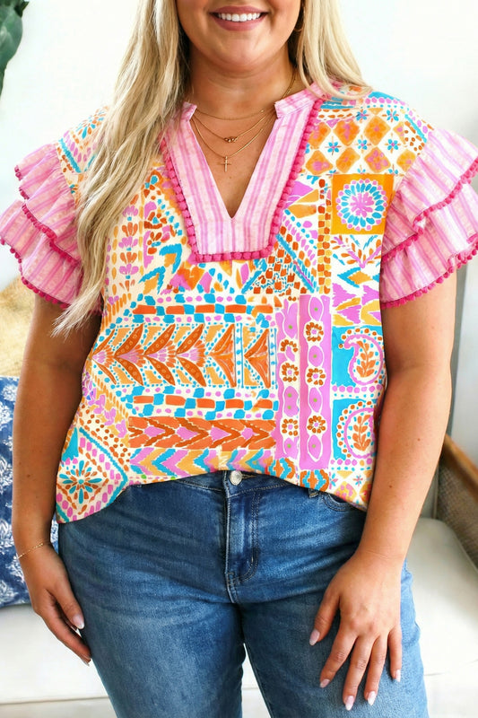 Rose Plus Size Geometric Print Contrast Trim Striped V Neck Blouse