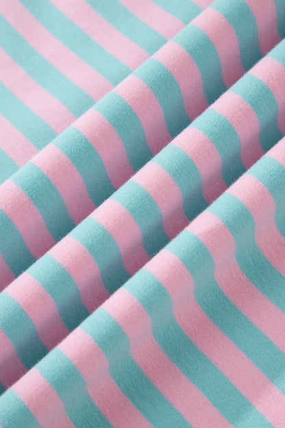 Pink Stripe Color Block Detail Long Sleeve Pullover Elastic Waist Pull On Shorts 2pcs Set