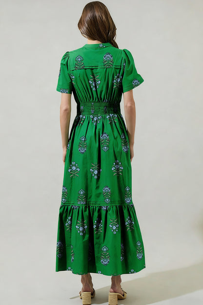 Green Floral Print Split Neck Shirred High Waist Ruffle Hem Maxi Dress