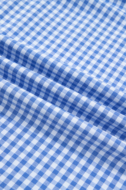 Sky Blue Summer Plaid V Neck Puff Sleeve Blouse