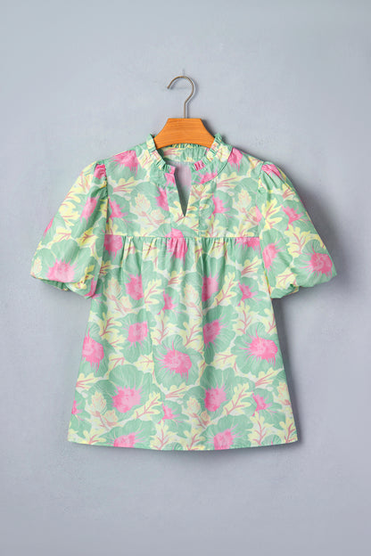 Pink Short Bubble Sleeve Summer Floral Blouse