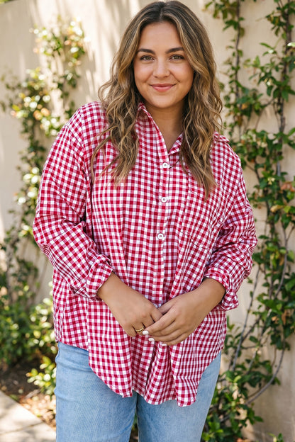 Red Plaid V Neck Long Sleeve Tunic Loose Fit Plus Size Shirt