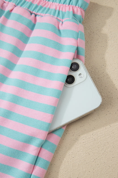 Pink Stripe Color Block Detail Long Sleeve Pullover Elastic Waist Pull On Shorts 2pcs Set