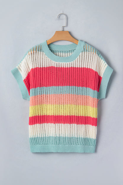 Green Stripe Color Block Hollow Out Knit Short Sleeve Sweater