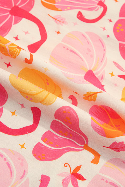 Pink Short Sleeve Pumpkin Print Pocket Placket Shell Button Lounge Set