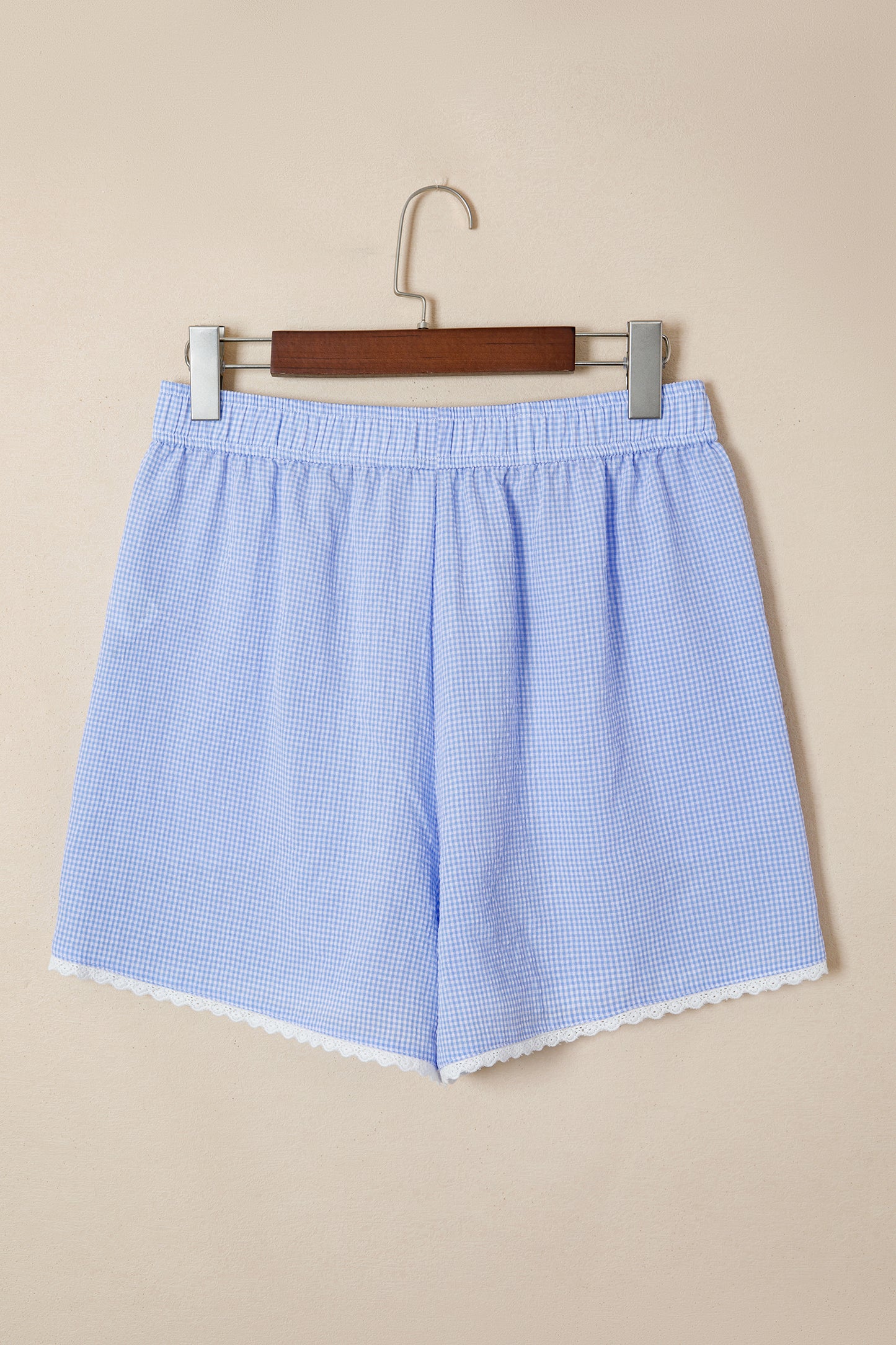 Sky Blue Gingham Plaid Button Detail Lace Trim Boxer Shorts