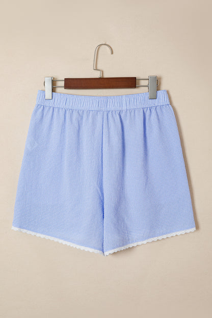 Sky Blue Gingham Plaid Button Detail Lace Trim Boxer Shorts