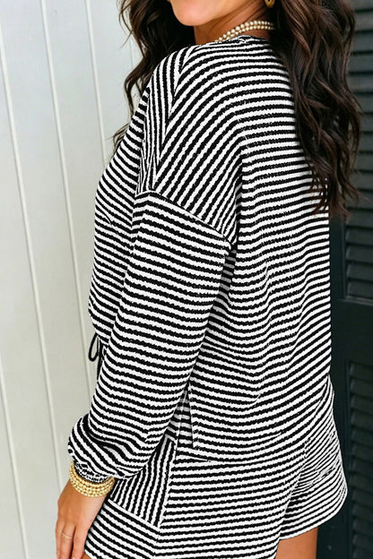 Black Stripe Textured Knit Long Sleeve Top Elastic Waist Shorts Casual Outfit