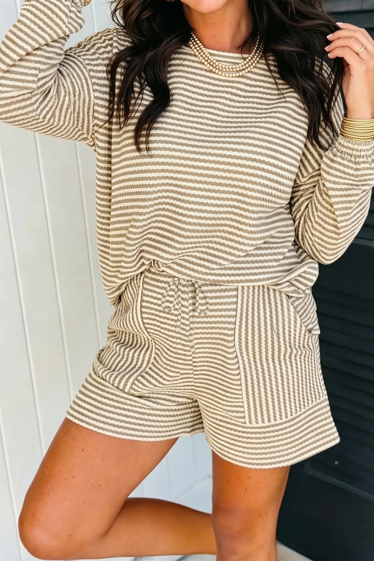 Black Stripe Textured Knit Long Sleeve Top Elastic Waist Shorts Casual Outfit