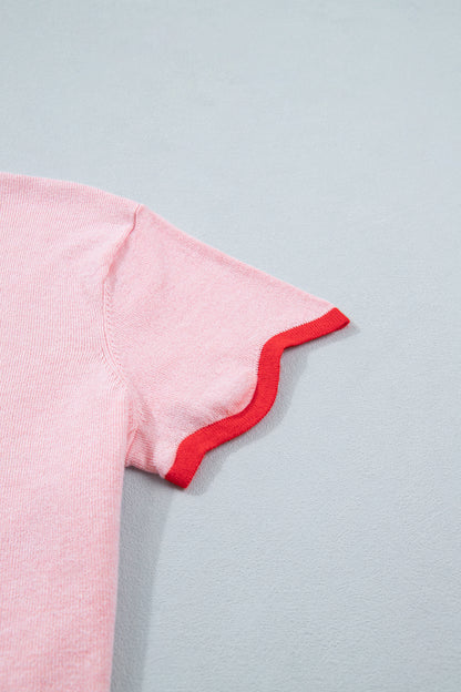 Pink Stand Neck Contrast Wavy Trim Short Sleeve Sweater