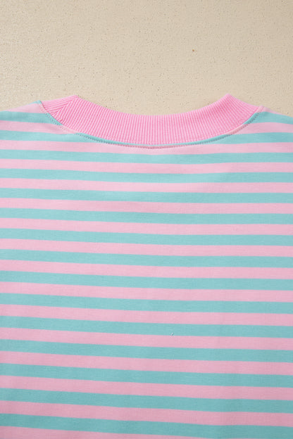 Pink Stripe Color Block Detail Long Sleeve Pullover Elastic Waist Pull On Shorts 2pcs Set