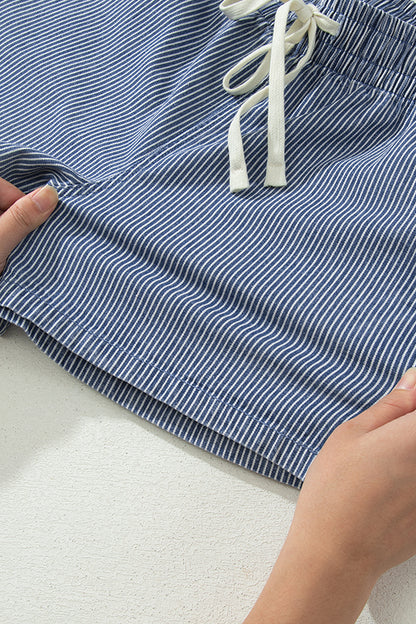 Sky Blue Stripe Drawstring Elastic Waist Casual Denim Shorts