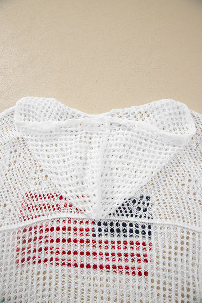 Beau Blue Hollow Out Crochet Knit American Flag Patched Sweater Hoodie