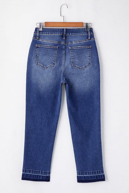 Sky Blue Whiskered Wash Raw Hem Cropped Jeans