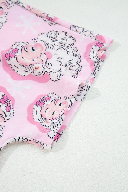 Pink Santa Claus Print V Neck Tee Drawstring Pants 2pcs Lounge Set