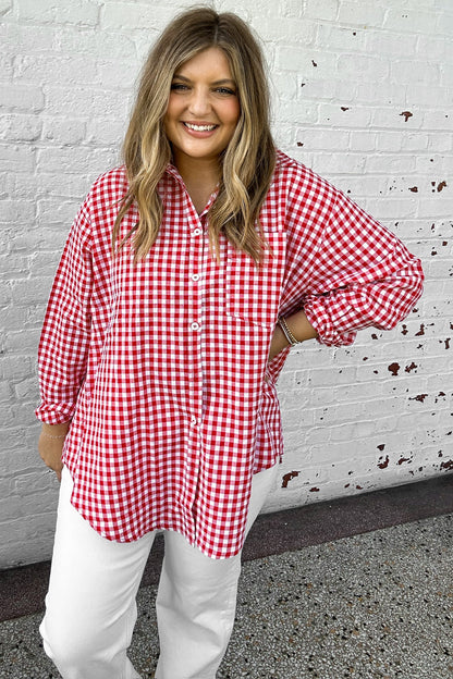 Red Plaid V Neck Long Sleeve Tunic Loose Fit Plus Size Shirt