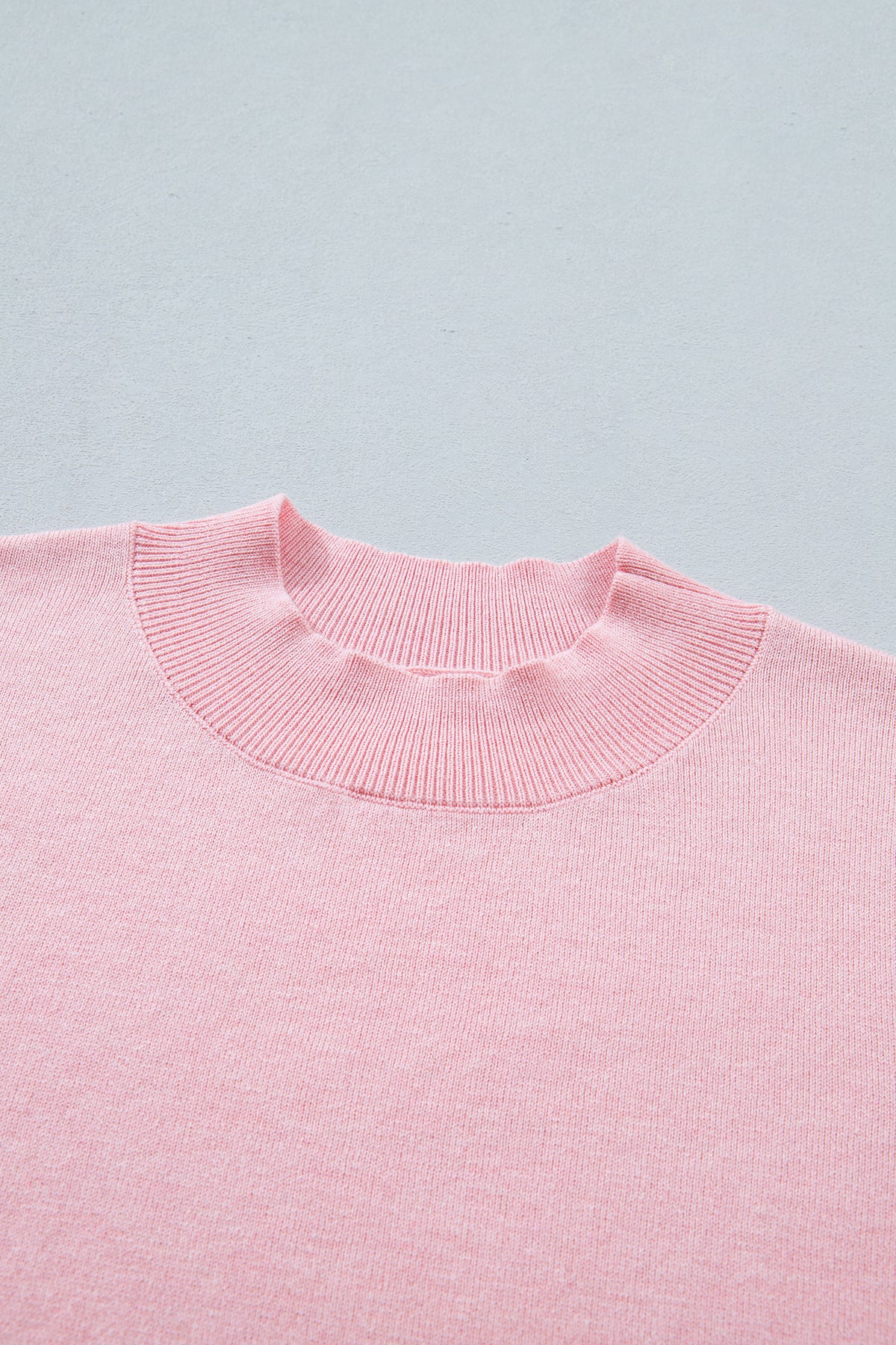 Pink Stand Neck Contrast Wavy Trim Short Sleeve Sweater