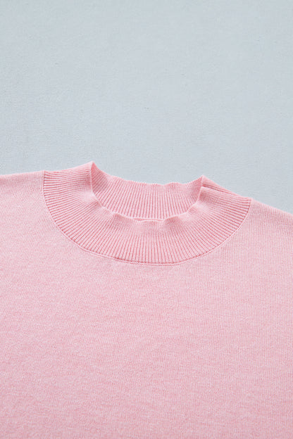 Pink Stand Neck Contrast Wavy Trim Short Sleeve Sweater